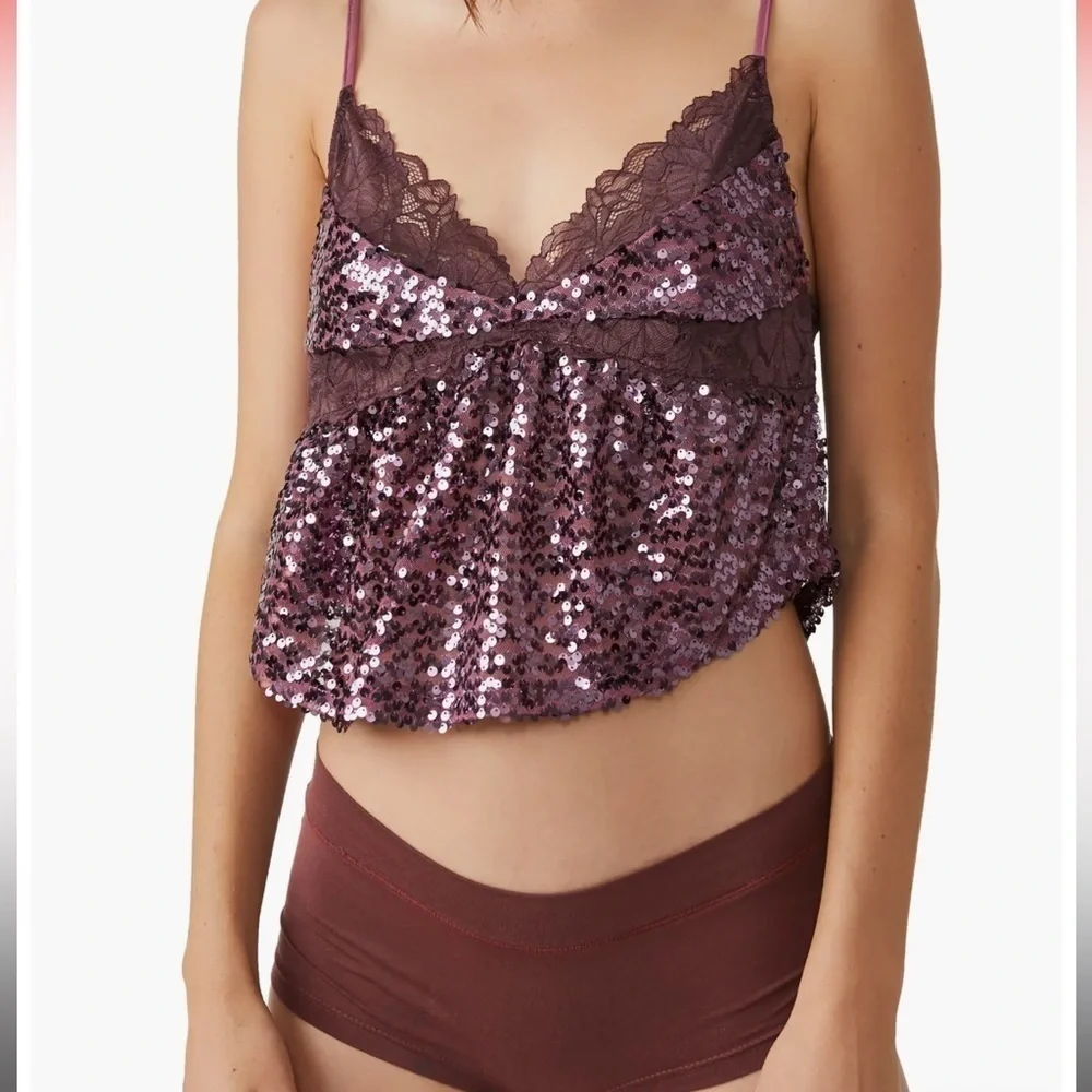 Free People Maroon Purple Burgundy Sequin Cropped Top Camisole Small NWT - Picture 4 of 9